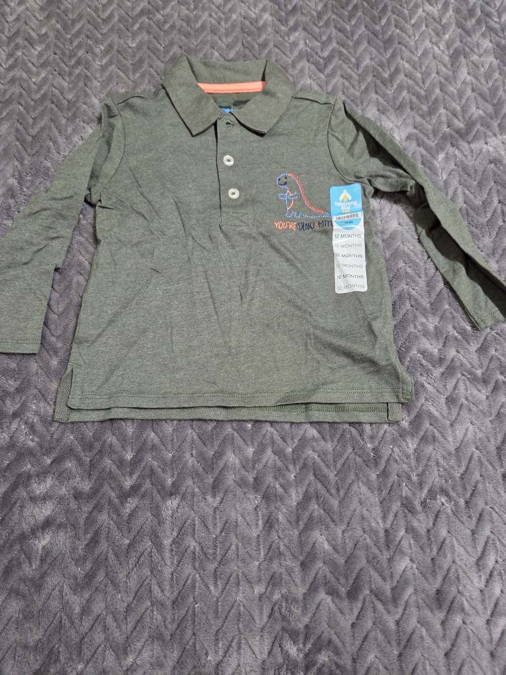 Boys Long-Sleeve Polo Shirt - Olive Green with Dinosaur Embroidery